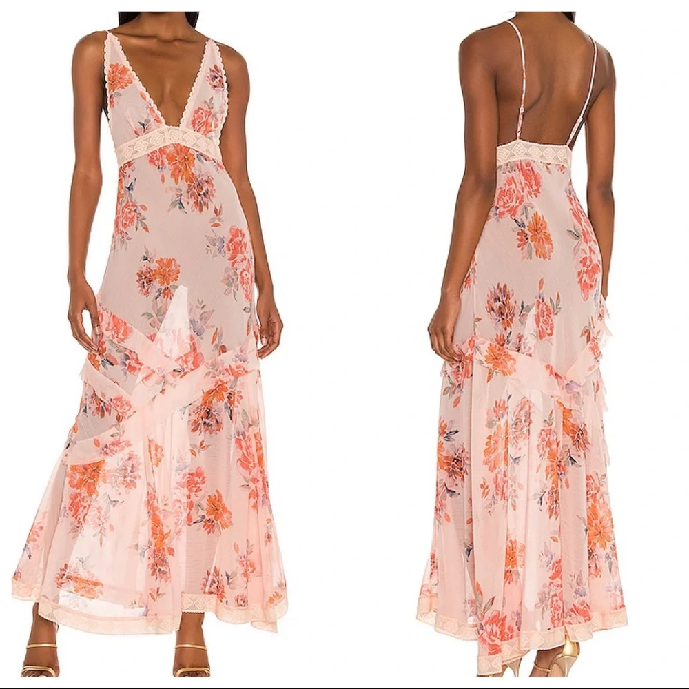 FREE PEOPLE Stay Awhile Sleeveless Maxi‎ Dress Peach Combo Lace Trim Semi Sheer